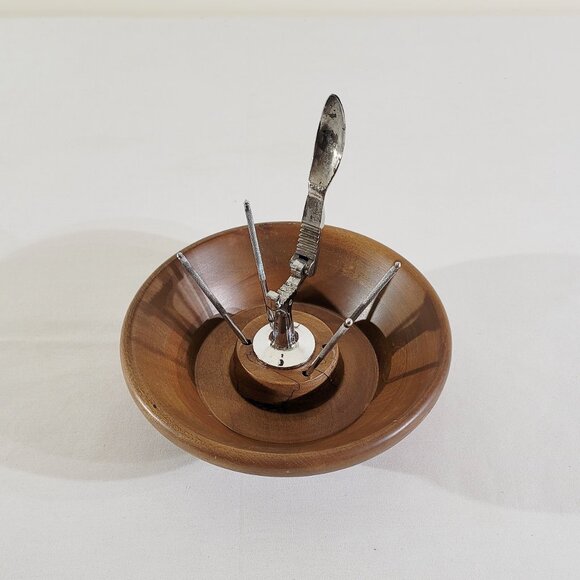 Vintage MCM Mid-Century Wood Nut Bowl with Attached Nut Cracker & Picks 9.5"x5" - Picture 3 of 7